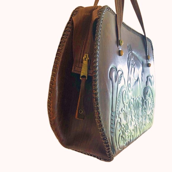 Vintage Jo-O-Kay tooled brown leather horse handbag - Picture 9 of 16